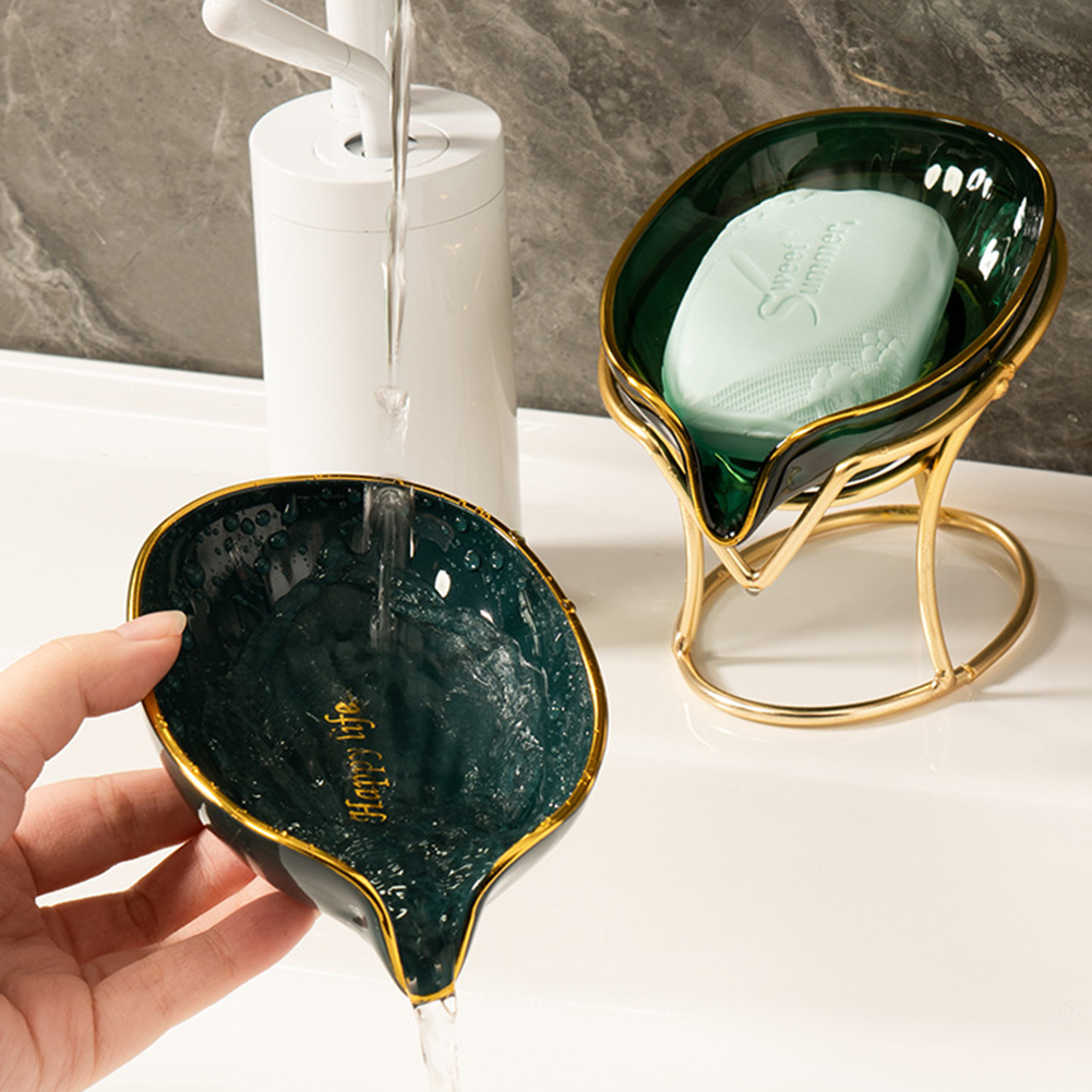 Luxury Ceramics Leaf Shape Soap Box Drain Iron Rack Soap Holder Shower Sponge Storage Plate Tray Non-slip Kitchen Supplies