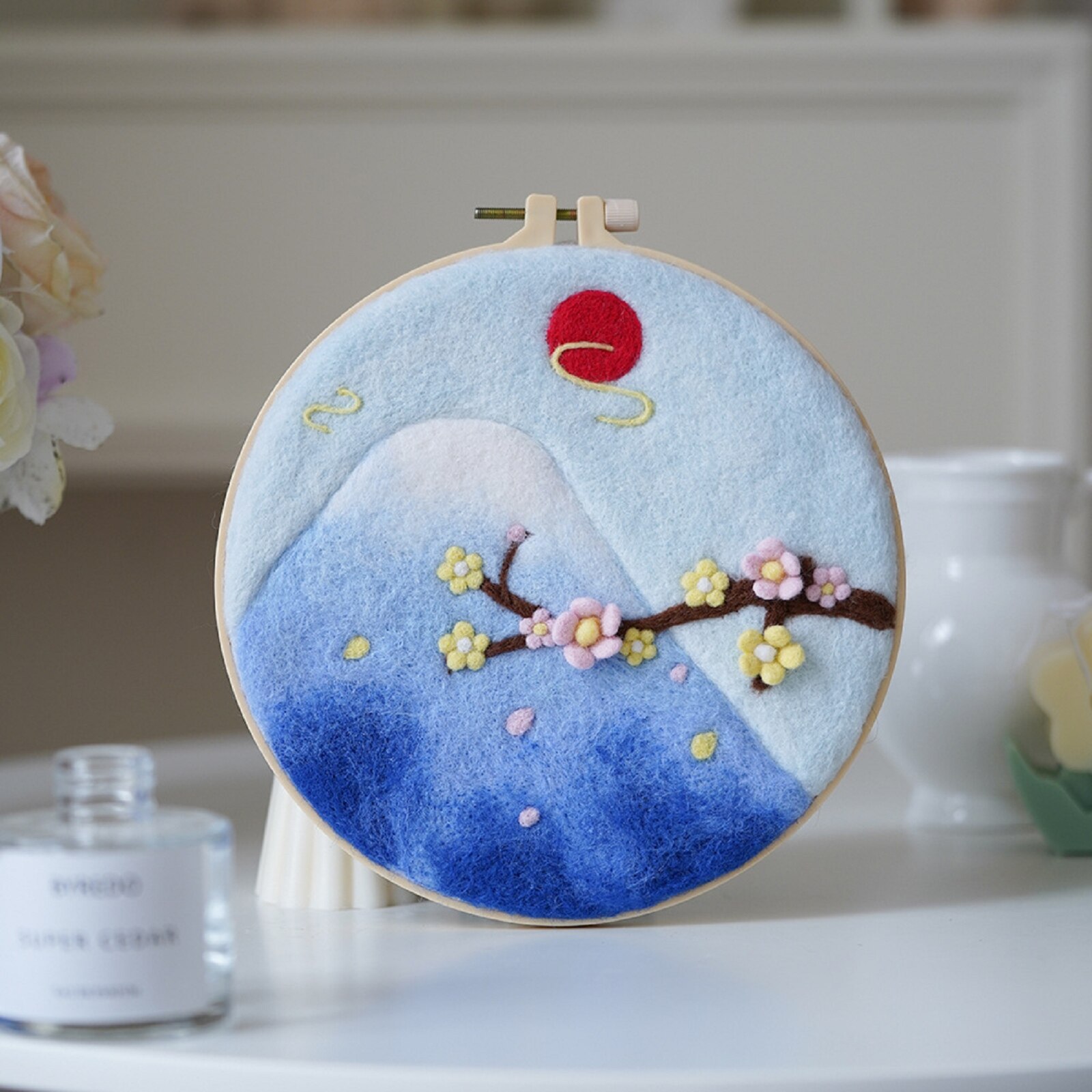 Wool Felting Kit Landscape with 8in/20cm Embroidery Hoop DIY Full Kit Unfinished Materials for Needlework Felting