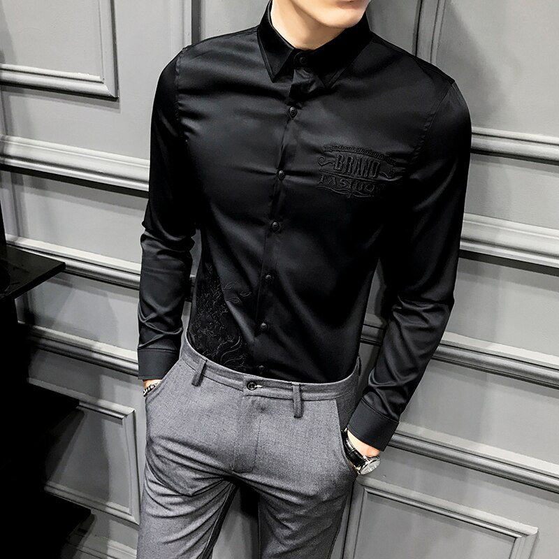 Forårs herreskjorte langærmet kjole skjorte broderi afslappet slim fit streetwear prom fest social smoking skjorte arbejdstøj: Sort / Koreansk xxxl 72-77kg