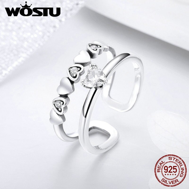 Wostu real 100% 925 prata esterlina coração nupcial claro cz aberto anéis para mulheres moda jóias festa de casamento anel de prata cqr429