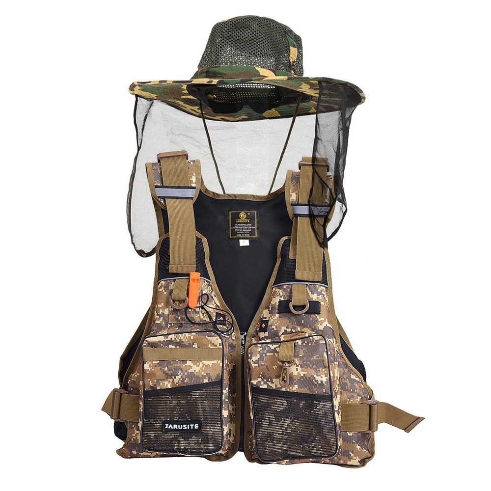 Gilet de pêche en plein air pour adultes, veste de flottaison en bateau avec chapeau de soleil