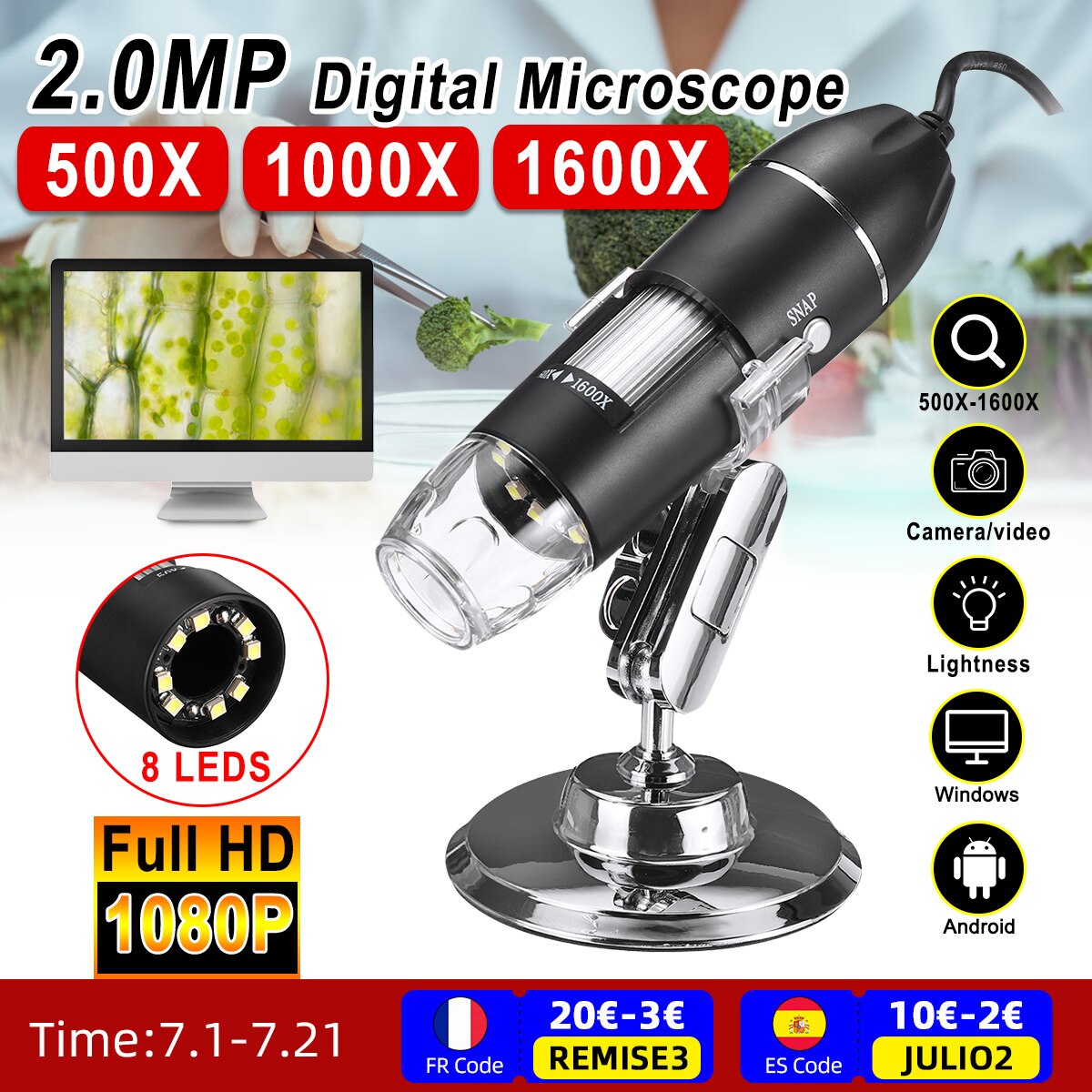 Adjustable 500X/1000X/1600X 2MP Handheld Digital Microscope Magnifier Camera Stand Microscope With 8LEDs For Phone PC