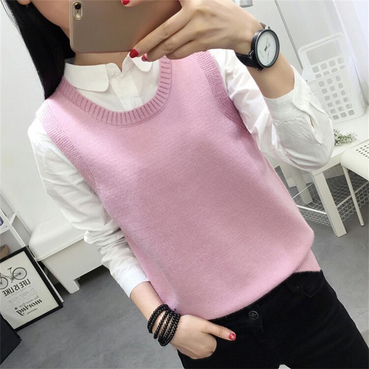 Ærmeløs vest sweater dame preppy stil look rund hals side åbning slids strikket vest pullovers t jumper kvinde strik sweater: Lyserød vest