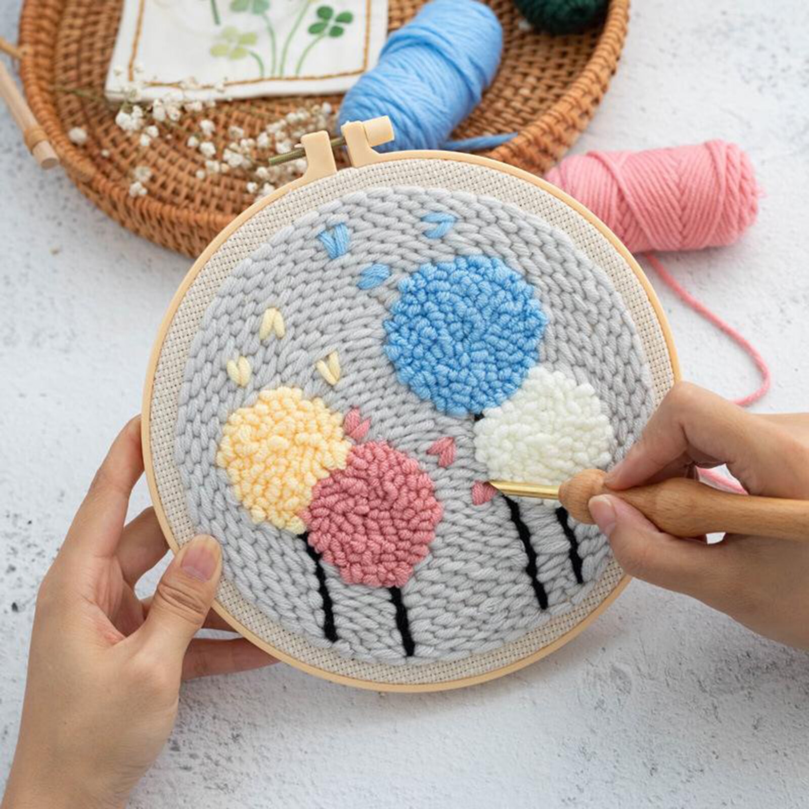 Punch Needle Embroidery Starter Kits Punch Needle Tool Threader Fabric Embroidery Hoop Yarn Rug Punch Needle ()