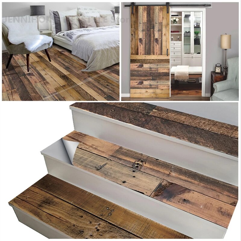 Houten Vintage Grain Stairway Vinyl Vloer Deur Sticker Adhesive Diy Waterdichte Trap Behang Voor Trappen Decal Home Decor