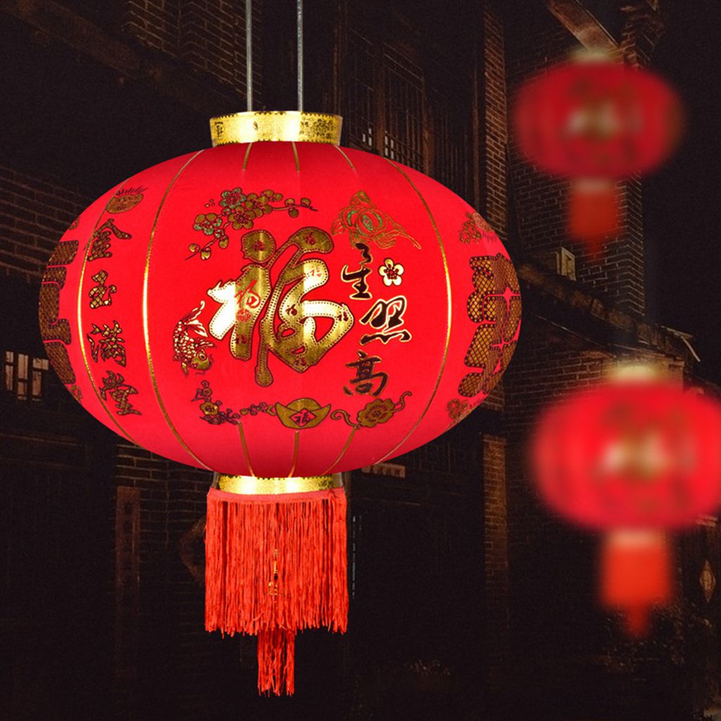 Farol de tela flocado rojo de 38cm de diámetro para exteriores, decoración de Festival de Primavera china, farol de Navidad para decoración del hogar