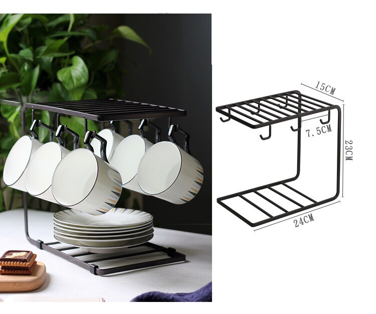 Tiacking simples moderno metal ferro copo e pires rack expositor caneca café xícara leite prateleira de secagem 240*230*150mm 0.52kg