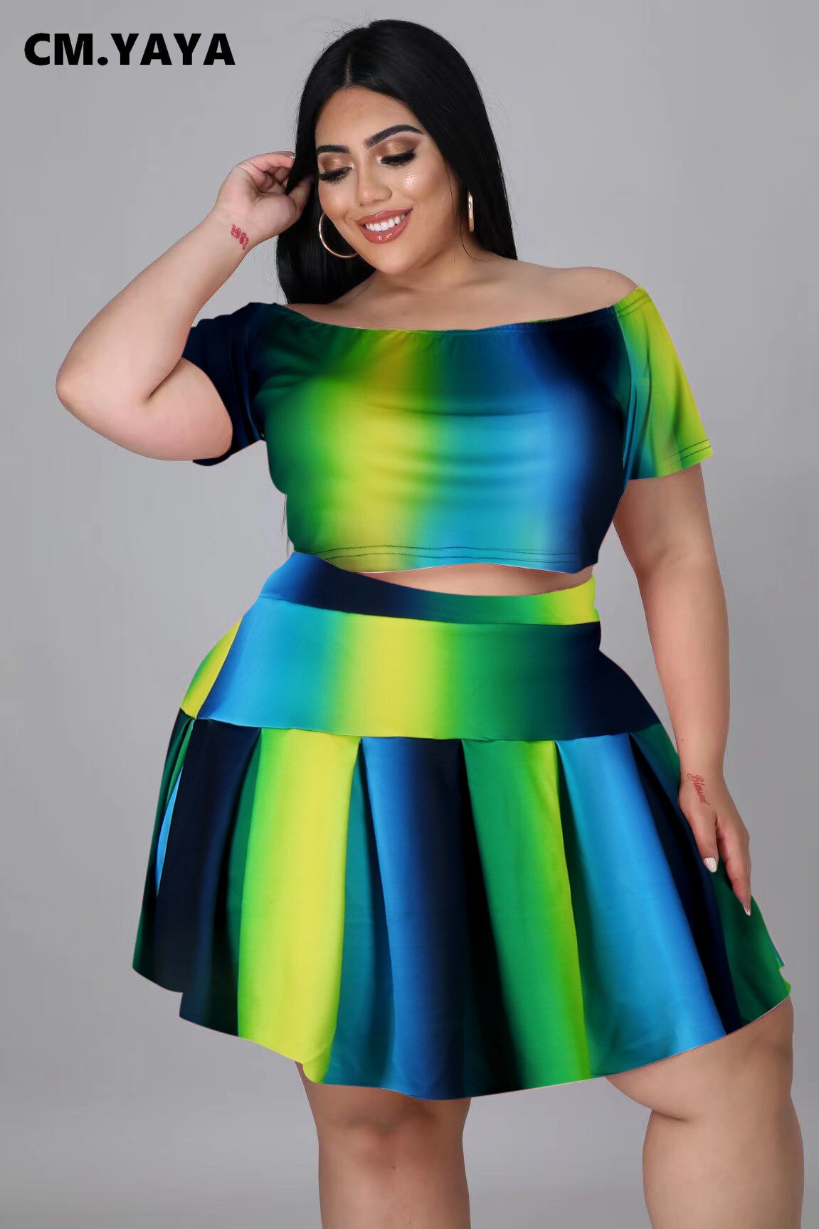Cm. Yaya Vrouwen Plus Size Set Print Korte Mouw O-hals Crop Tops Korte Geplooide Rokken Twee 2 Stuk Sets Mode Outfits zomer