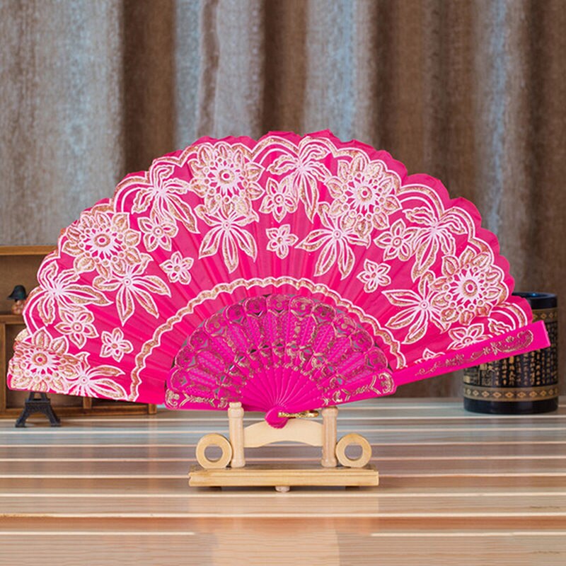Ventilador plegable de poliéster con patrón de flores, 7 estilos, estilo chino tradicional de encaje con bronce, abanico plegable de tela ventilador plegable, decoración del hogar 1 unidad: 4