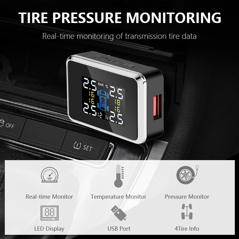 Auto Tpms Sensor Sigarettenaansteker Digitale Tpms Spanning Display Usb-poort Wirelesstire Pressure Detector Met Waarschuwing Indicator