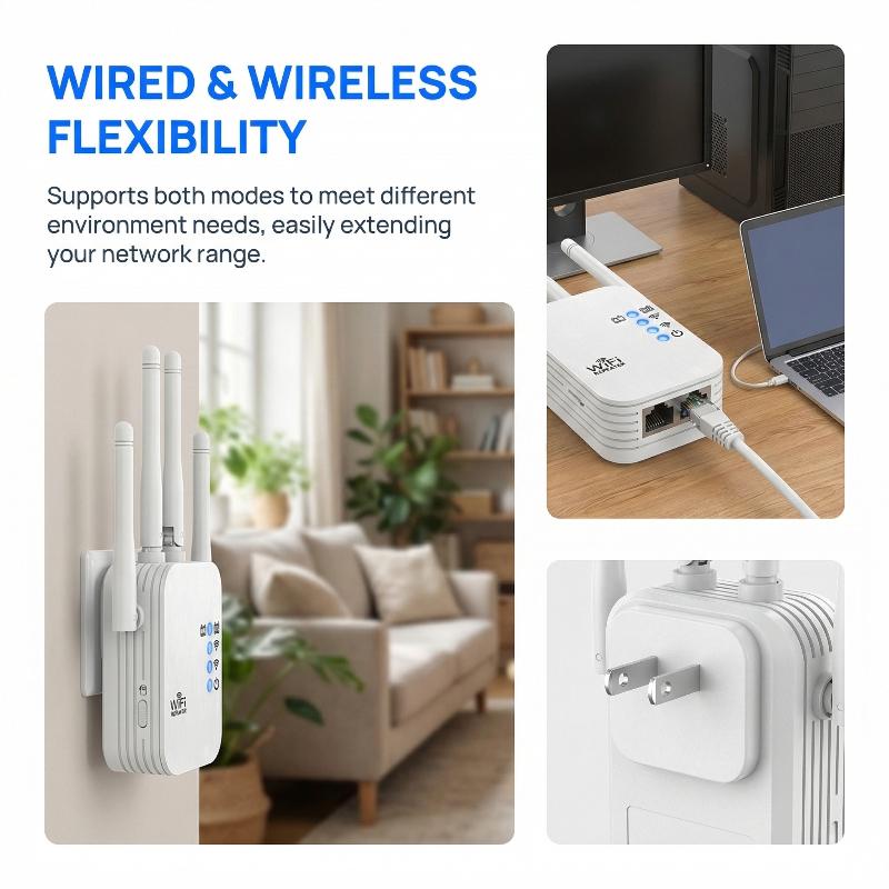 Wifi-signaalversterker met groot bereik en bekabelde verbinding voor een stabiele signaalversterker voor thuis, slaapkamer en kantoor.