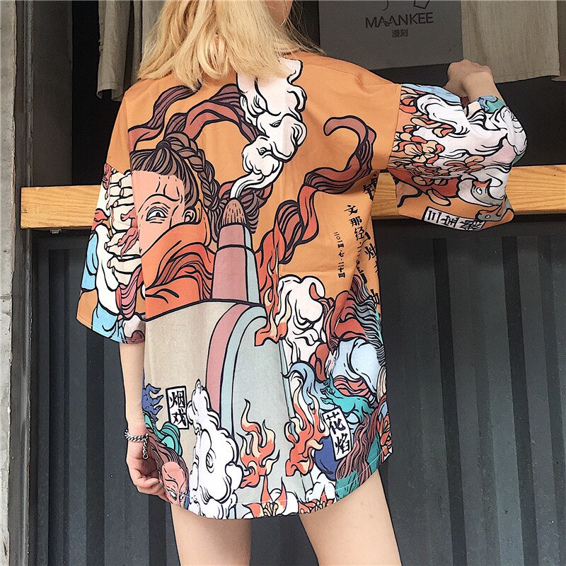 Estilo japonês homem ukiyo-e haori quimono tradicional harajuku japão feminino protetor solar xale samurai traje lazer yukata cadigan: Color 2
