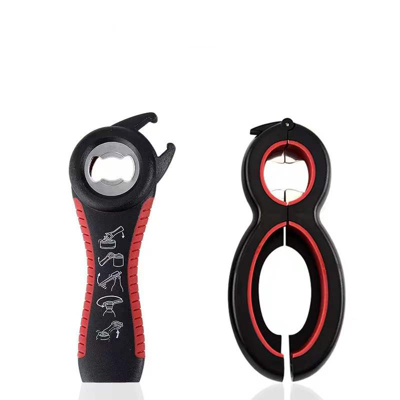 Potopener voor multifunctionele 6-in-1 flesopener Potdekselopener, 4-in-1 potopener en antislip deksels Opener Grijper: Bruin