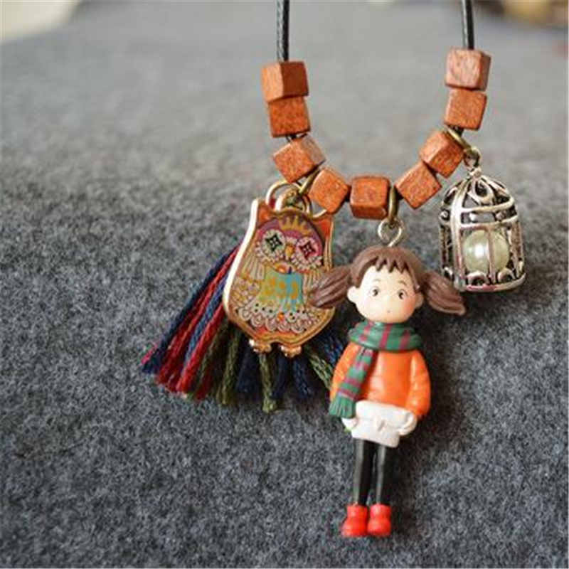 8SEASONS Wood Handmade Square Beads Necklace Girl Owl Birdcage Vintage Long Sweater Necklace Jewelry 100*2.2cm, 1 Piece