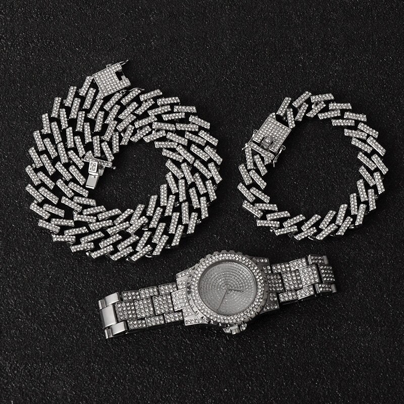 Hüfte hüpfen Halskette + Uhr + Armbinde Bling vereist aus Miami Zirkon Kubanischen Zinke Gepflasterte Strass Armbinde Halskette Für Männer schmuck: Silber- 3Stck einstellen