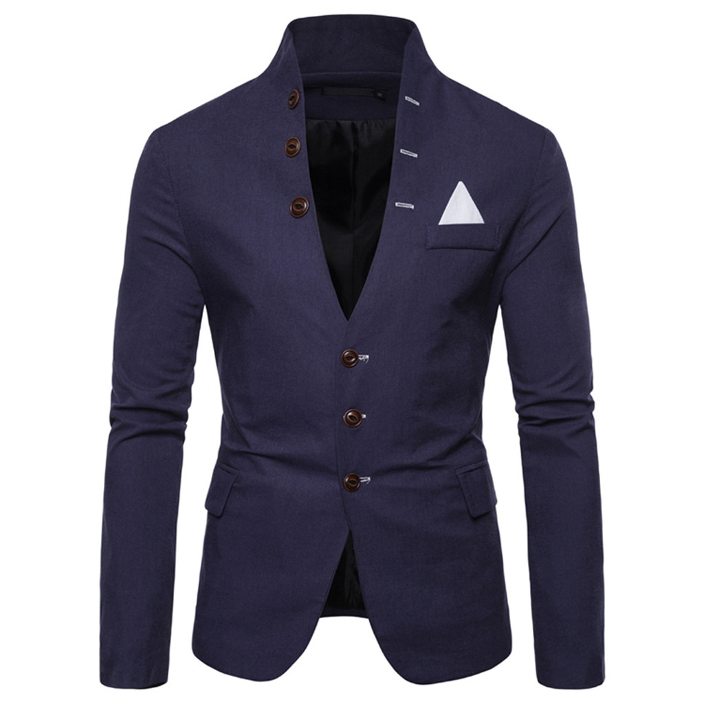 slim fit men suit jacket mens suit casual blazer stand collar party costume homme solid men blazer jacket d91004: Navy Blue / XXL