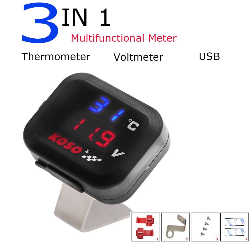 3 in 1 Digital Motorrad Temperatur Messgerät Koso Moto Voltmeter DC 8,0 ~ 30,0 V mit USB Ladung Hafen