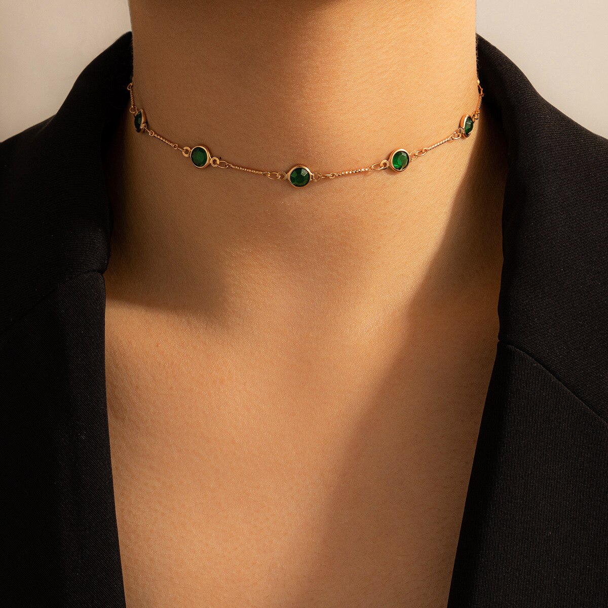 24K Vergulde Groene Strass Ketting Voor Vrouwen Single Layer Sleutelbeen Keten Hanger Verjaardag Bestie Kerstcadeaus