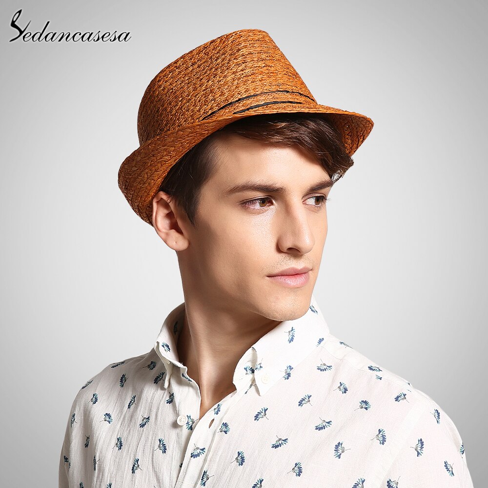 Classic men raffia straw hat summer UV protection sun hats for man fedora cap unisex beach cap trilby 57-59cm