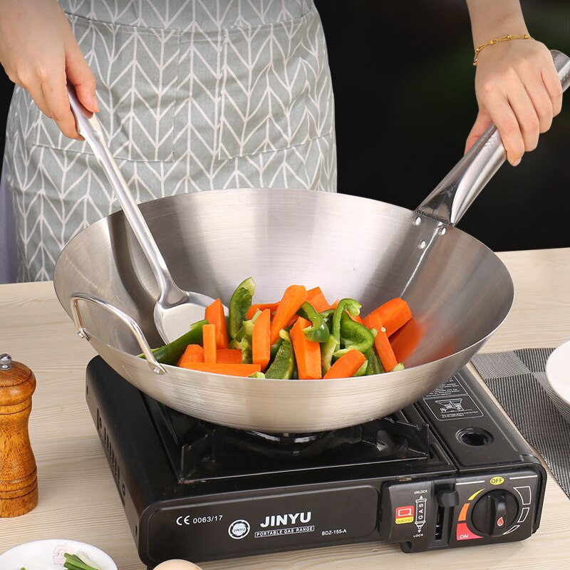Stainless Steel Non Stick Wok Chinese Handmade Wok Double Ear Chef Fry Wok Gas Cooker Non Coating Round Bottom Cooking Woks