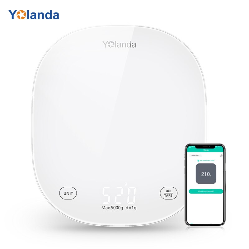Yolanda-báscula Digital inteligente con Bluetooth para cocina Balanza de alimentos, registro de alimentos, nutrición, diario, pantalla LED, botón táctil: White