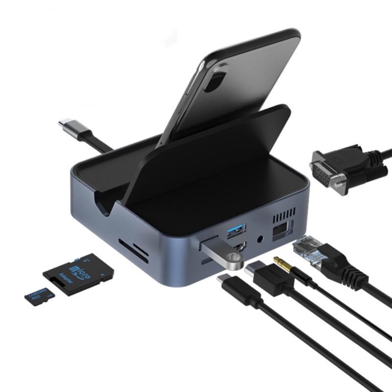 Stacja dokująca USB 3.0 typu C 9 w 1 type-c na HDMI kompatybilny 1080P VGA z telefonem komórkowym inteligentny Adapter obsługuje kartę CD/TF: Default Title
