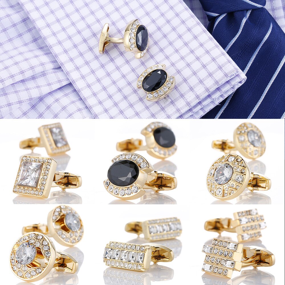 Luxury Gold Mens Cufflinks with Crystal Wedding French Shirt Cuff links Sleeve Buttons Men&#39;s Jewelry Accessories Cuffs