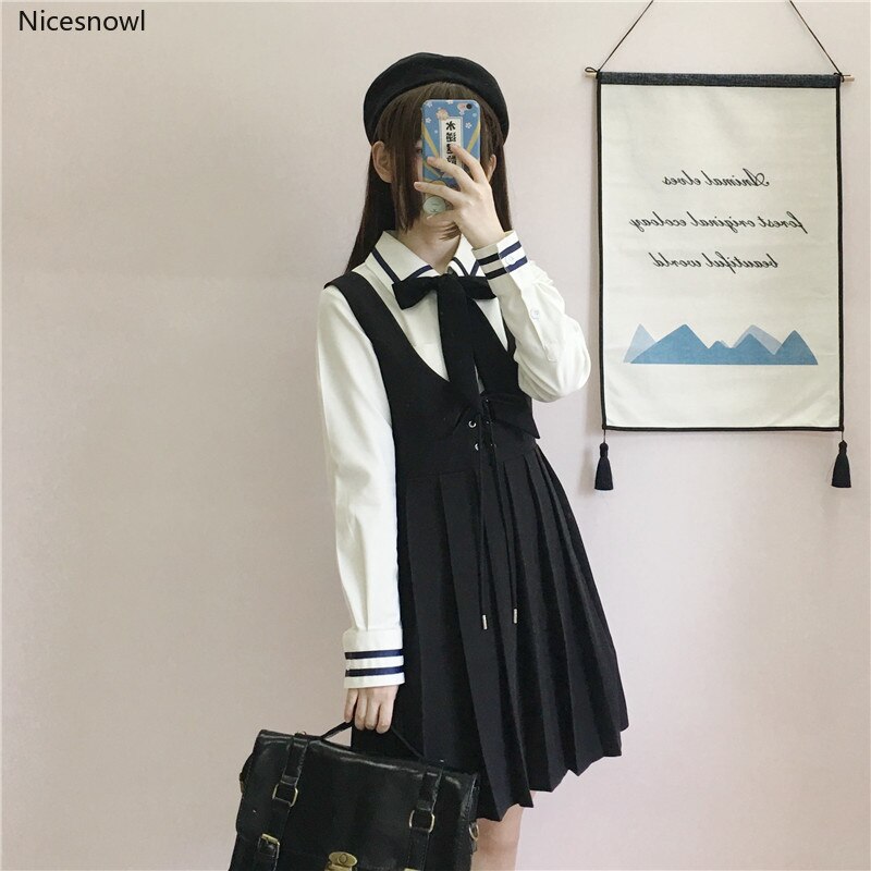 Uniforme de colegio japonés JK para mujer, camisa de manga larga, vestido de tirantes plisada, traje de dos piezas