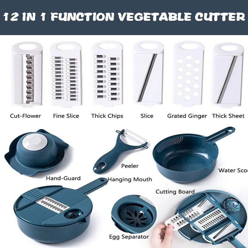 Household items kitchen accessories Vegatable chopper 12 in 1 Multifunctional Shredder Kitchen Tool Vegetable Slicer Cutter: Navy blue