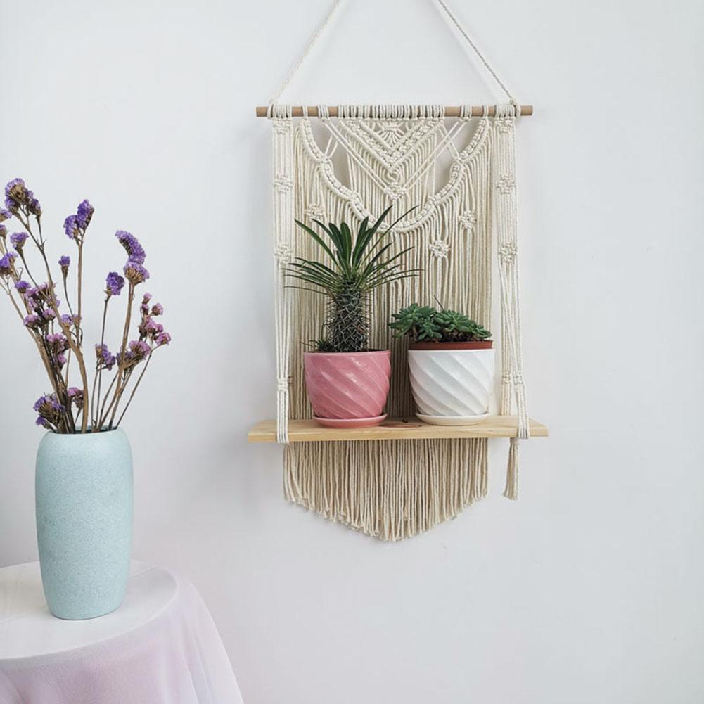 Maceta colgante de macramé para pared, hecha a mano, con borlas, estante de madera, tapiz, decoración para dormitorio y apartamento