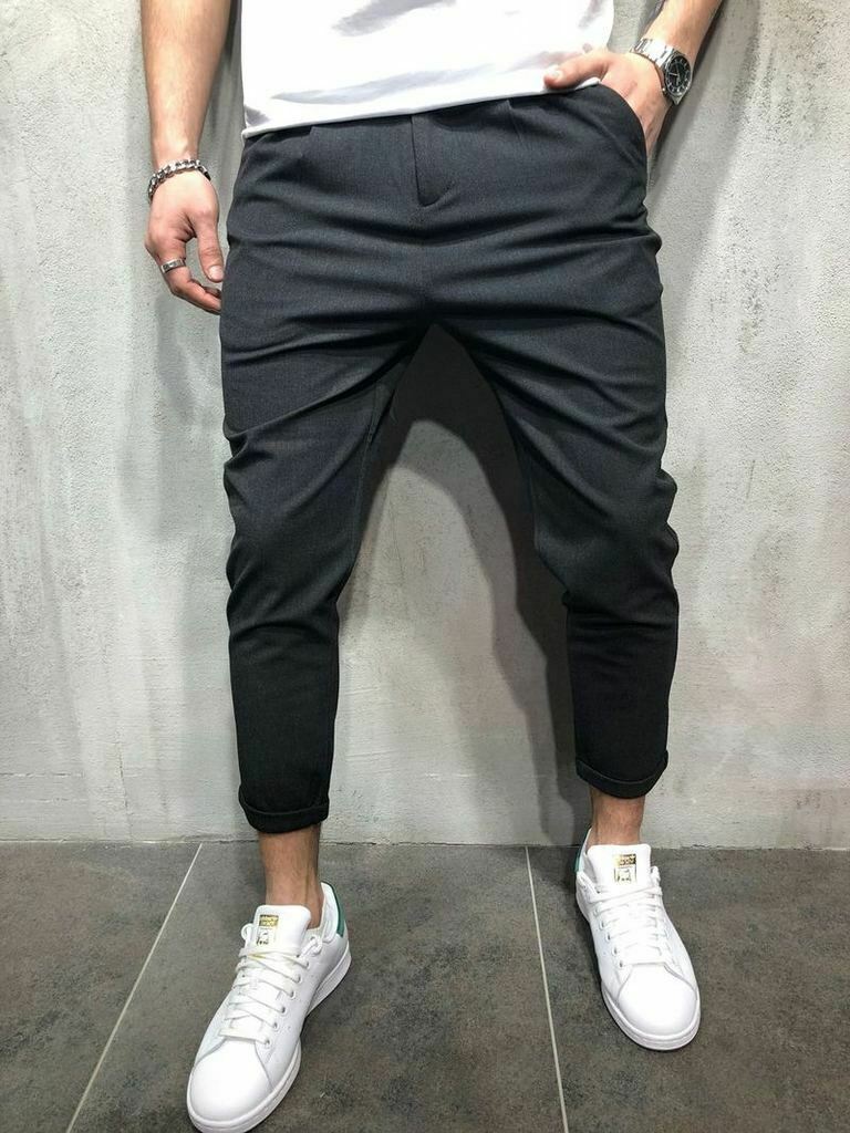 Herenbroek lange broek kantoor potlood rechte slanke pasvorm kleine voeten joggingbroek: M / Zwart