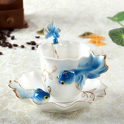 3D Goldfish Enamel Coffee Mug Cup Porcelain Tea Milk Copo Set Caneca Criativa Ceramic European Bone China Drinkware: Blue
