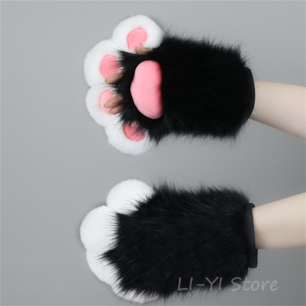 4 Colors Cute Animal Wolf Foxes Cat Paw Claw Gloves Bear Cosplay Costume Cos Props Animal Furry Plush Paw Gloves Fursuit Mitten: black