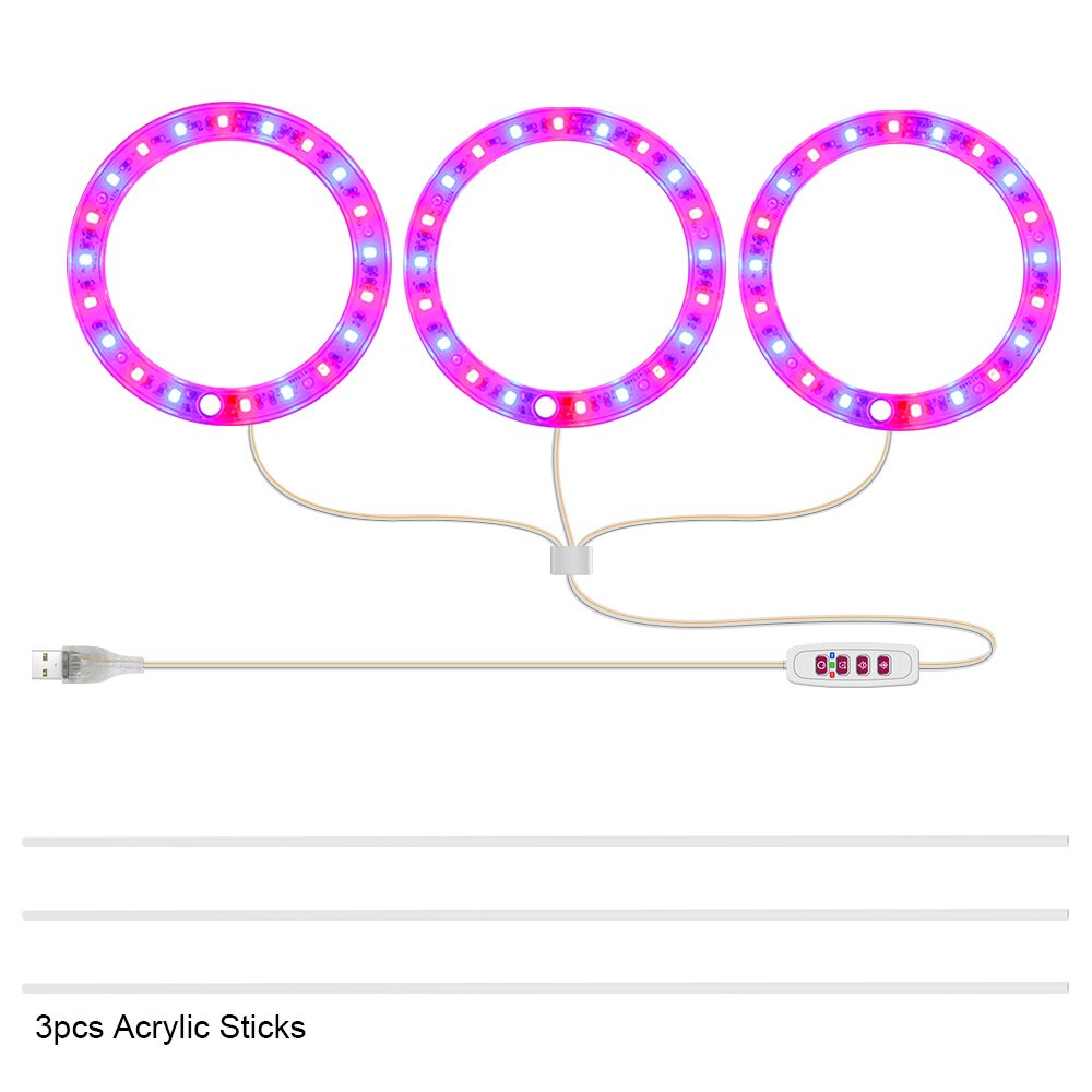 5V LED Grow Light 8/12/16H Timer USB Phyto Lamp Three Angel Ring Full Spectrum Phyto Lamp for Indoor Plants Flowers Growth Light: Red Blue 3 Rings