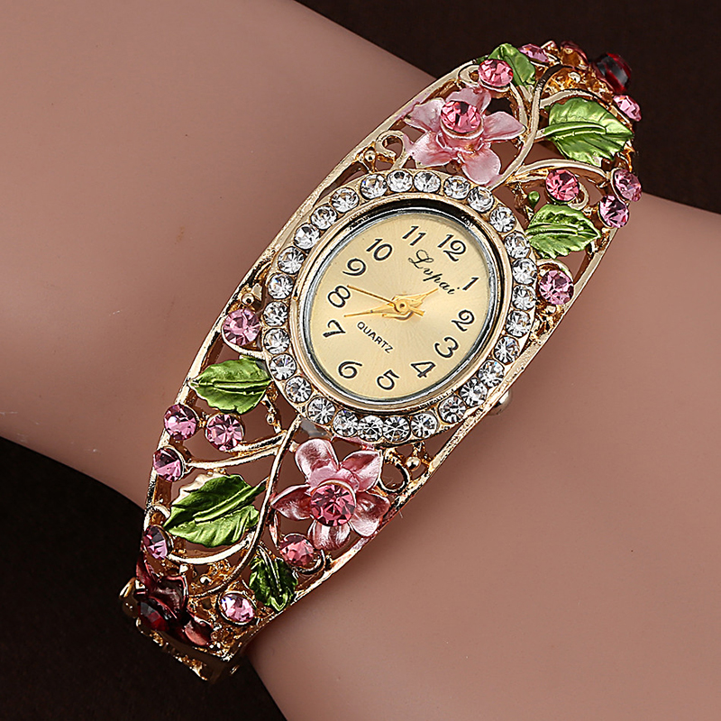 Flerfarvet blomster armbåndsur kvinders ure luksus rhinestone dameur kvinder ure ur reloj mujer