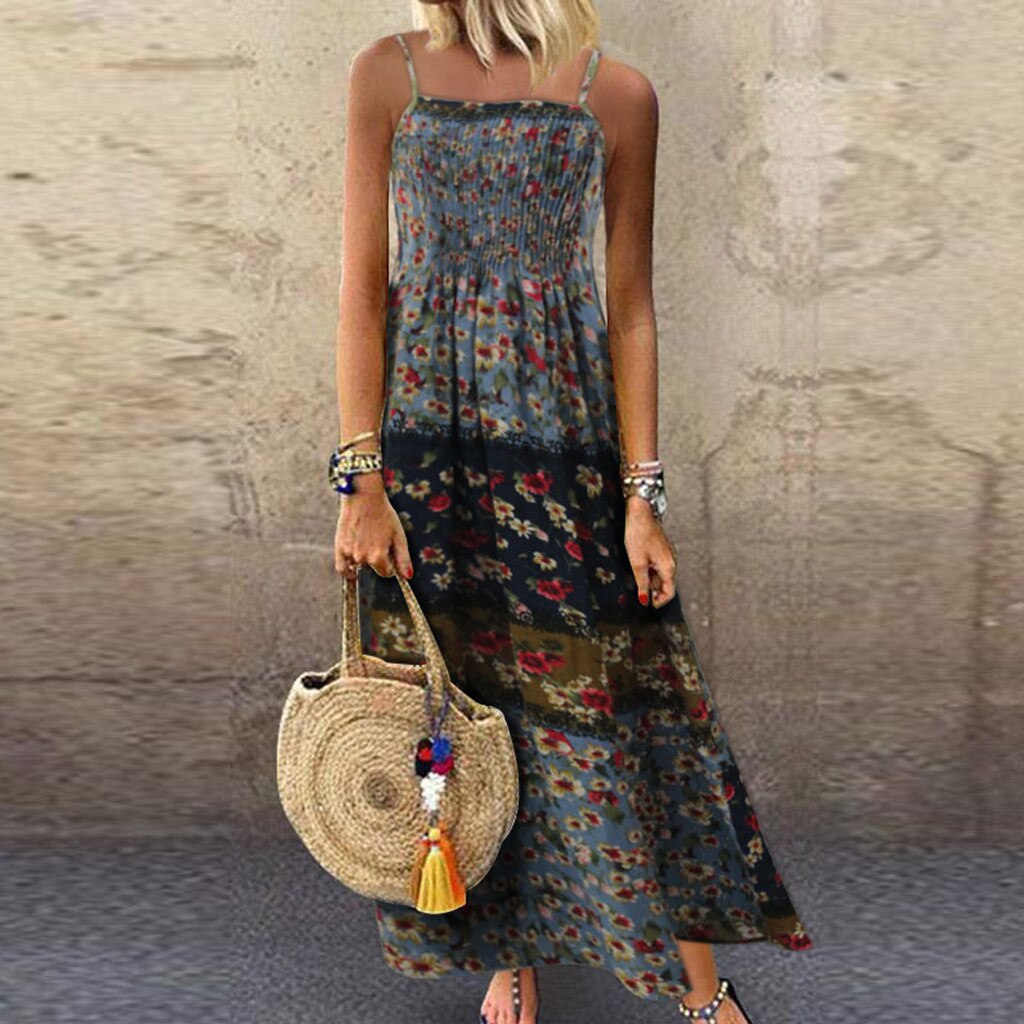 Vestido feminino moda feminina vintage boêmio impressão floral sem mangas o-pescoço correias maxi praia vestidos lagre tamanho solto vestido 39: BU / L3