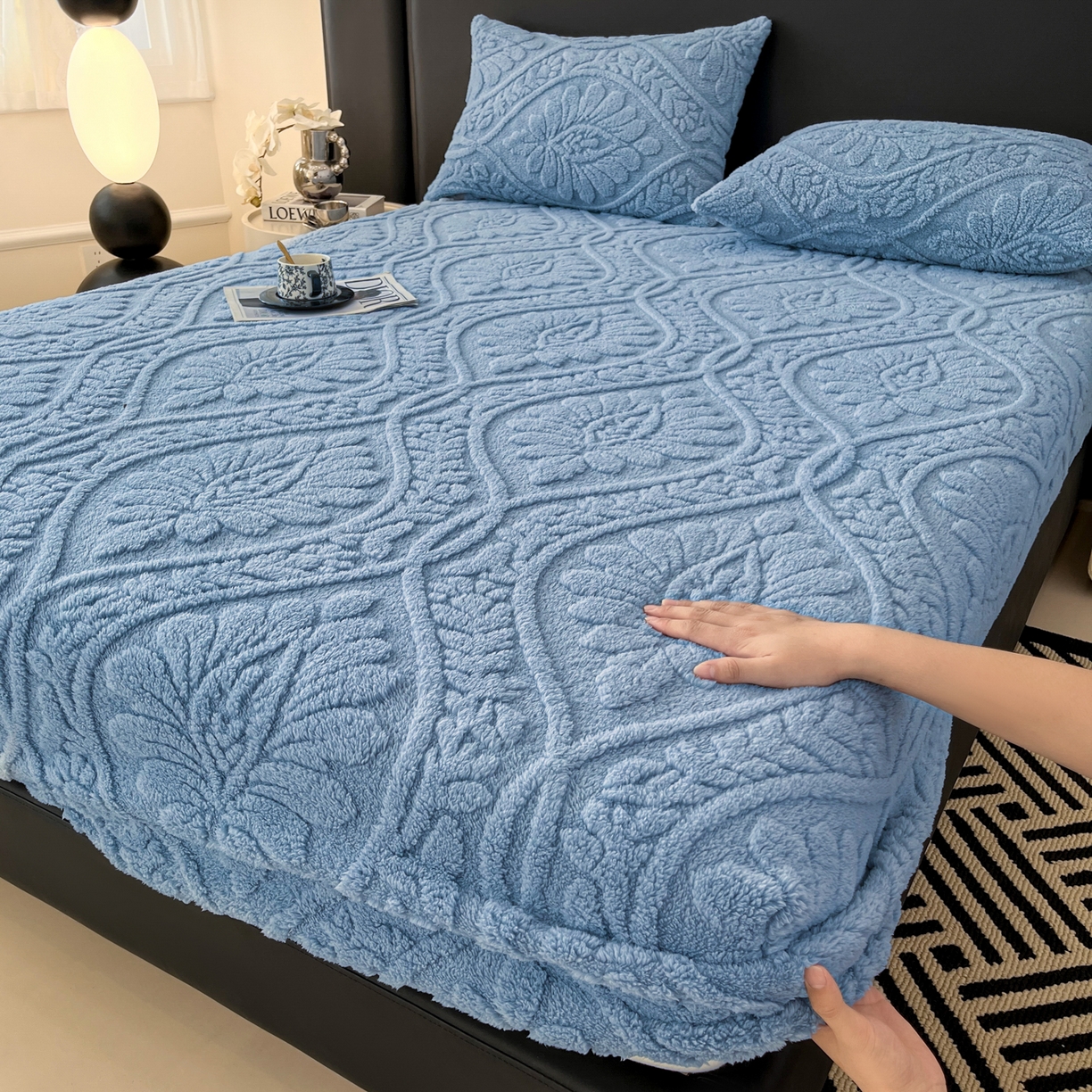 Sábana bajera suave de lana Coral para invierno, funda protectora de colchón elástica, ropa de cama de felpa cálida, cama doble de lujo, tamaño Queen y King: Estados Unidos-Reina / Morado