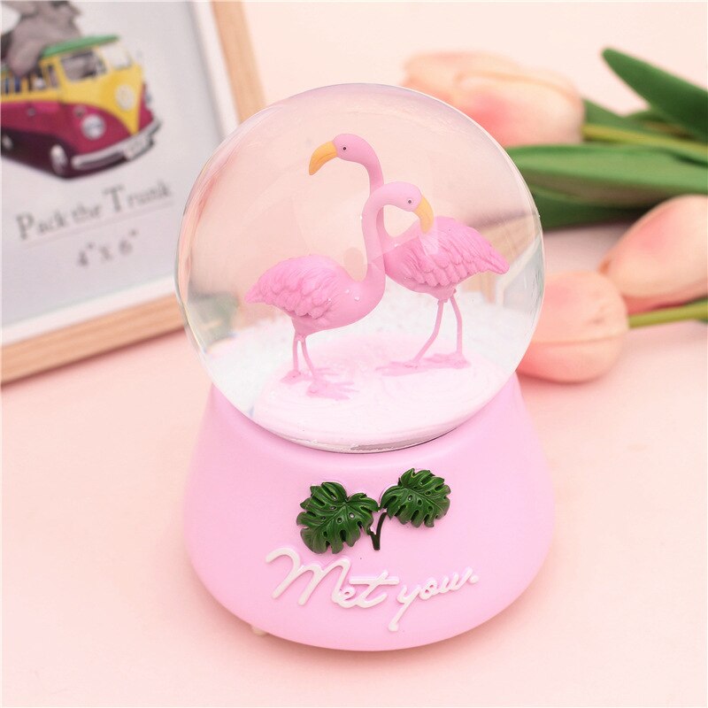 Kristallen bol muziekdoos flamingo meisje ster maan regenboog gloeiende sneeuwvlokken muziekdoos huisdecoratie bureaublad ornament