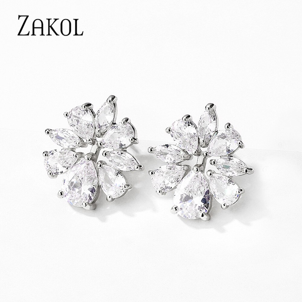 Zakol Bloemen Water Zirconia Stud Oorbellen Kleurrijke Stenen Vrouwen Eenvoudige Bruiloft Bruids Sieraden: White color