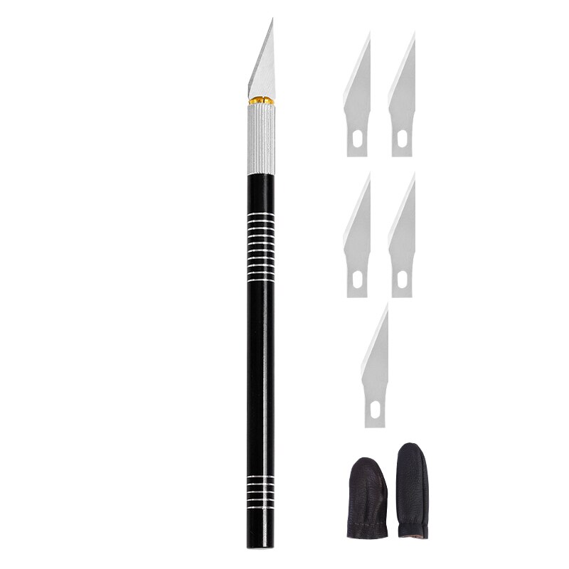 MIUSIE Engraving Cutter With 5pcs Blades And 2pcs Finger Protectors Metal Handle Leather Carving Sculpture Non-Slip Safety Knife: black