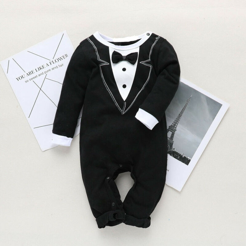 Newborn Baby Boy Christening Tuxedo Formal Romper Jumpsuit Long Sleeve Cotton Tie Jumpsuit Suit Clothes Baby Boy Clothing