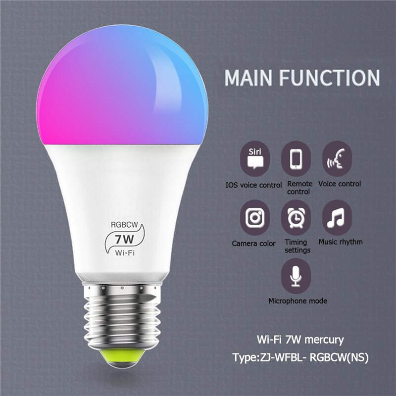 1Pc 7W E27 WiFi Smart Light Bulb Dimmable APP Control Wake-up Night Light Home Decor