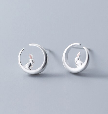 MloveAcc romantyczny 925 kolczyki sztyfty ze srebra wysokiej próza pomocą dla kobiet piękny królik siedzi na księżycu szterling-srebrny-biżuteria