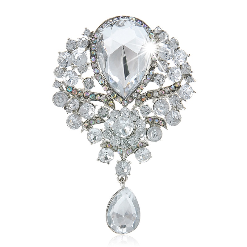 Women Men Brooch Wedding Bridal Bouquet Clear Crystal Diamante Rhinestone Teardrop Dangle Brooch Pin