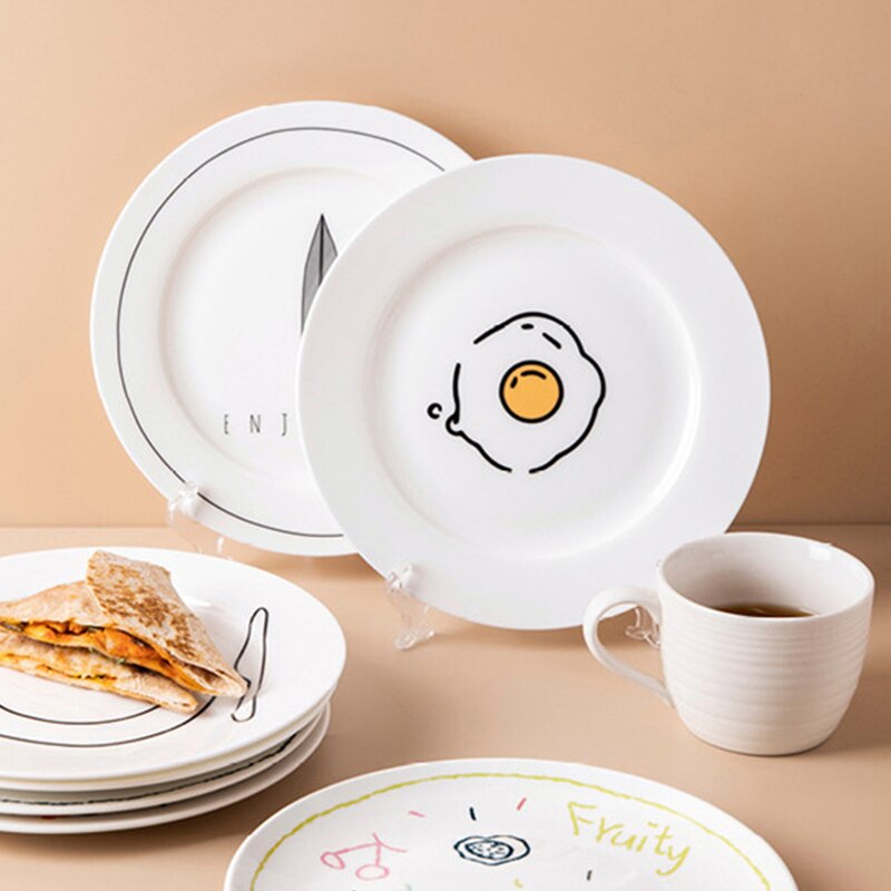 Simple Hand Drawn Cartoon Dinner Plate Ceramic Dinner Plate Household Plate Poached Egg Meal Plate Bone Ceramic Plate