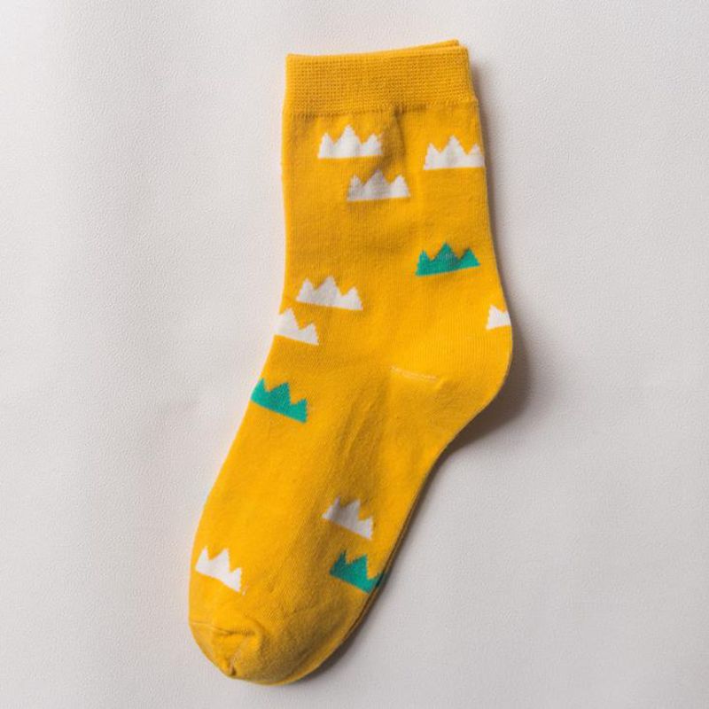 Fiction happy funny woman graphic cotton socks egg cloud rain wave dog foot mountain footprint socks spring casual: yellow