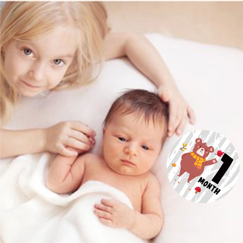Divertida fotografía mensual de dibujos animados para mujeres embarazadas, adhesivo de hito, meses 1-12 meses, bebés, primeros meses, edad