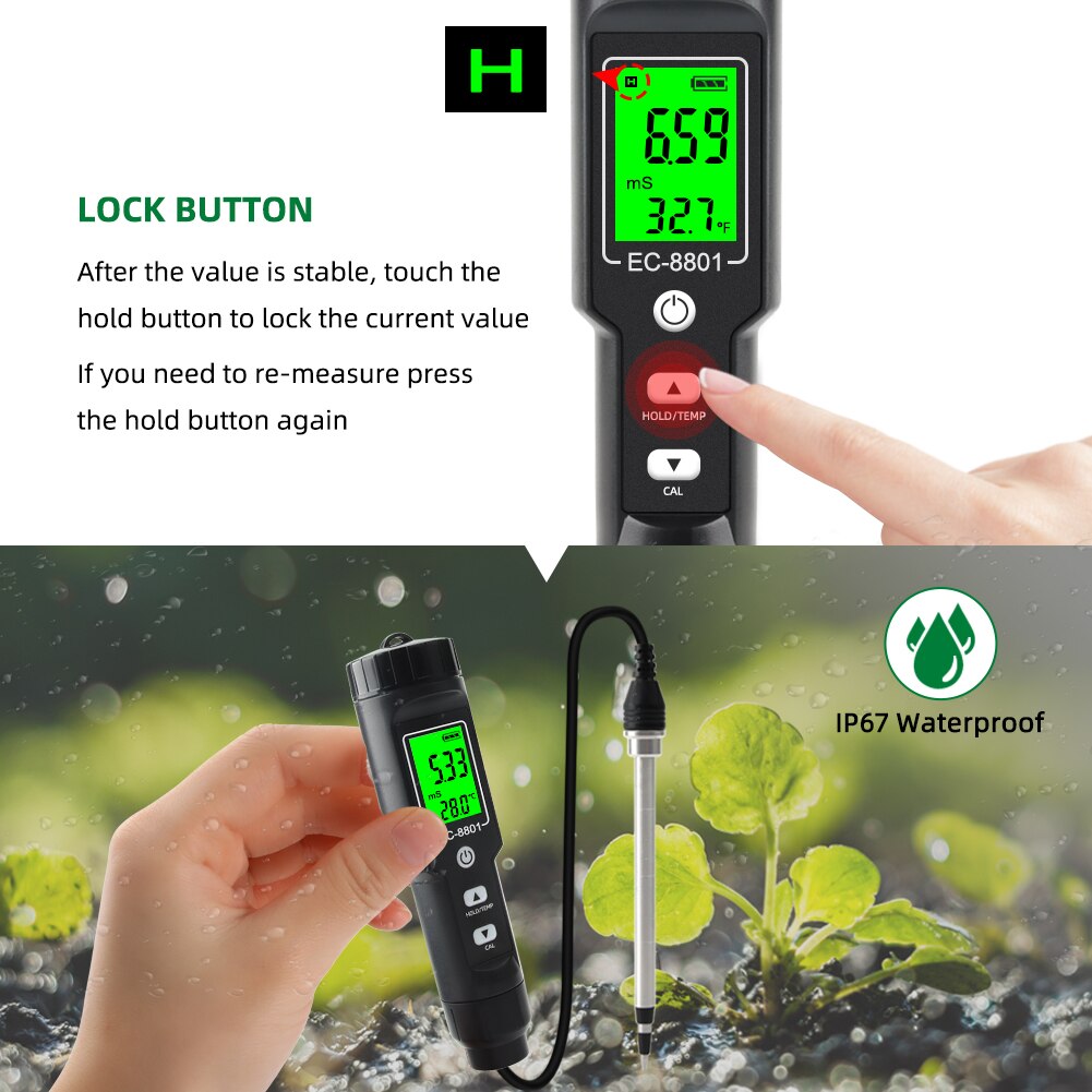 Portable Digital EC/Temperature Soil Tester Meter Farm Measurement Backlit Display Removable Electrode Waterproof Test Planting