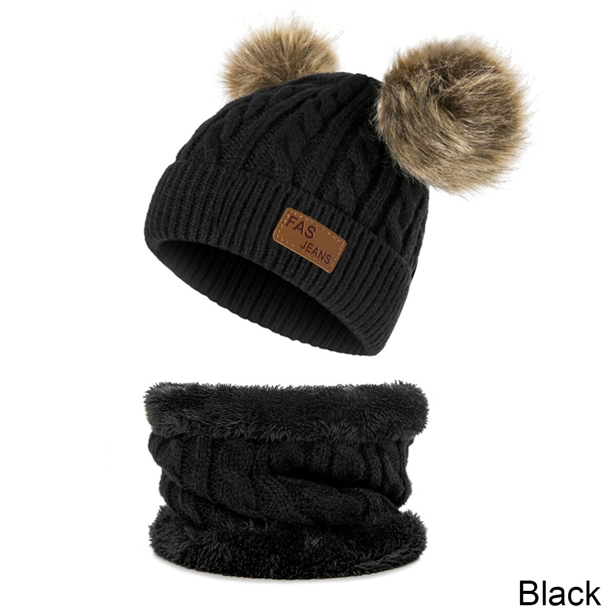 2 stk låve lue skjerf sett vinter varm baby lue strikket lue gutt jente luer skjerf vinter pluss fløyel tykk lue lue 0-3 år: Svart