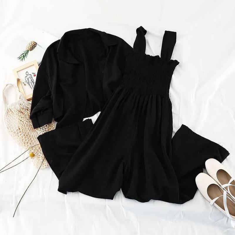 FTLZZ Summer Two Pieces Set Women Loose Short Sunscreen Jacket + Suspending Rompers Clothing Female Casual Holidays Suit: Black